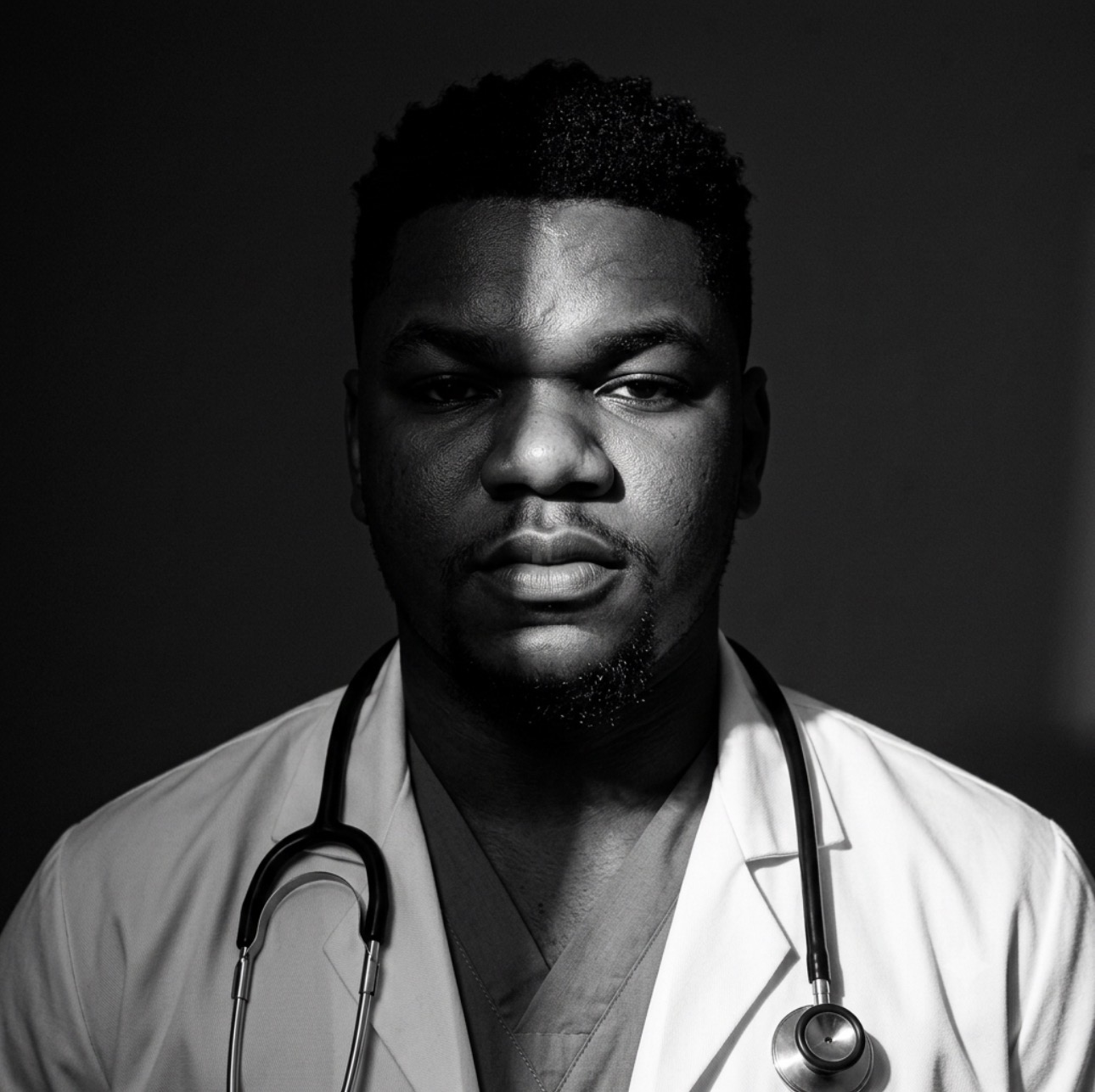 Black-and-white portrait of Ciphervenom wearing a white coat and stethoscope